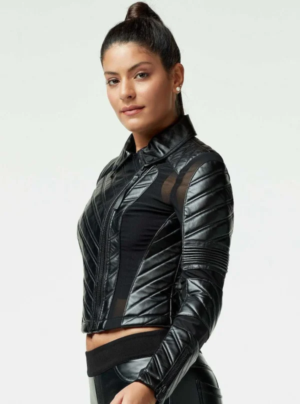 Women Blanc Noir Motos*Acceleration Asym Moto Mesh Leather Jacket