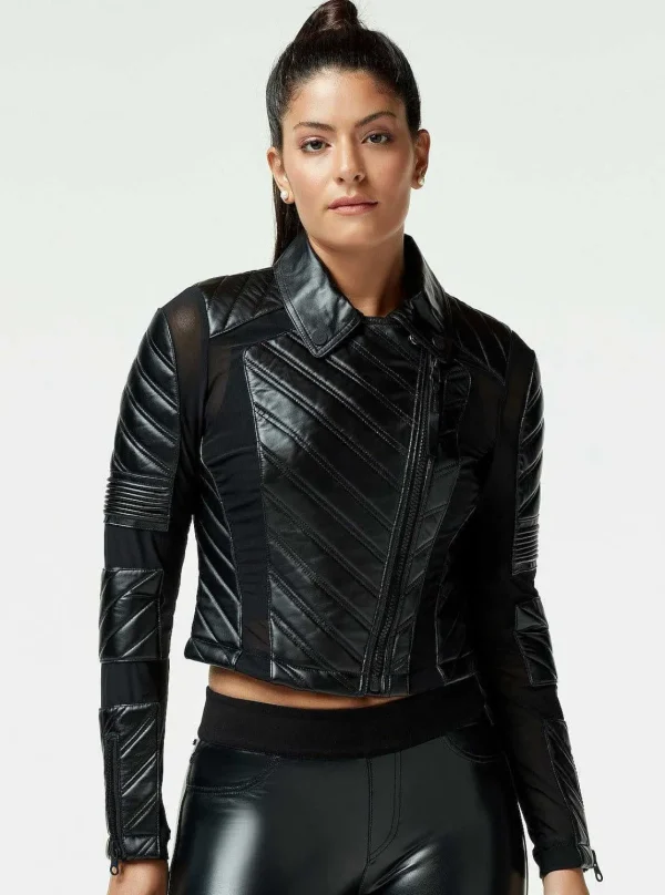 Women Blanc Noir Motos*Acceleration Asym Moto Mesh Leather Jacket