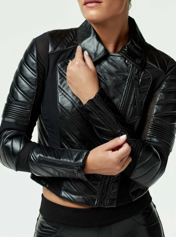 Women Blanc Noir Motos*Acceleration Asym Moto Mesh Leather Jacket