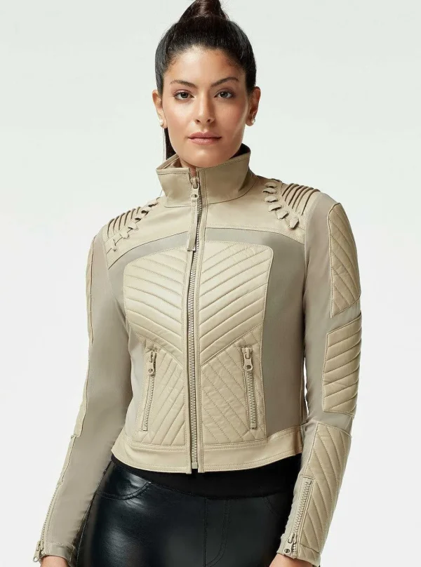 Women Blanc Noir Motos*Acceleration Moto Mesh Leather Jacket