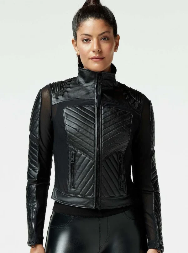 Women Blanc Noir Motos*Acceleration Moto Mesh Leather Jacket