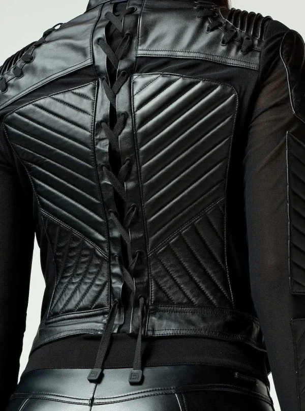 Women Blanc Noir Motos*Acceleration Moto Mesh Leather Jacket