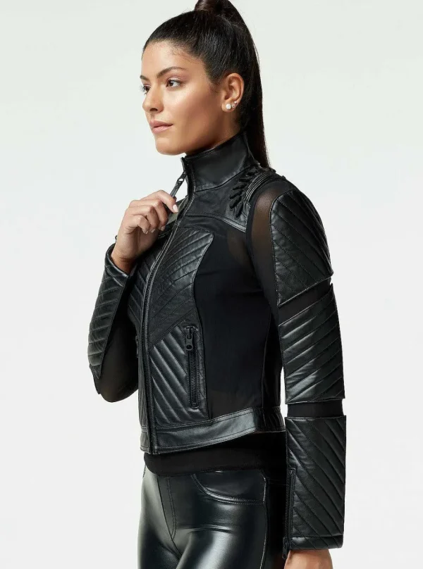 Women Blanc Noir Motos*Acceleration Moto Mesh Leather Jacket