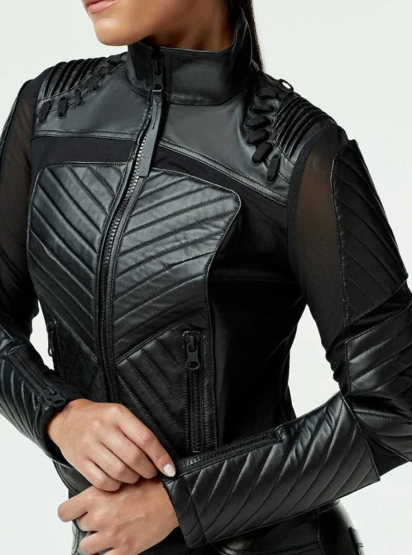 Women Blanc Noir Motos*Acceleration Moto Mesh Leather Jacket