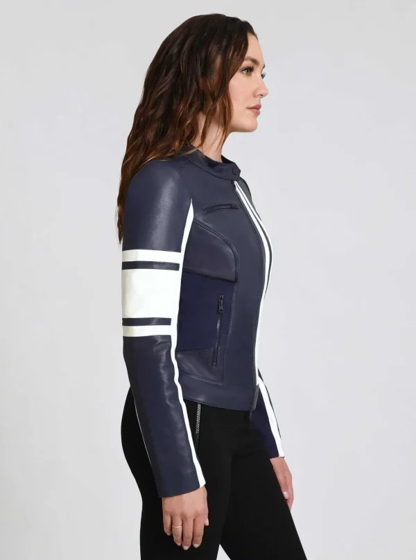 Women Blanc Noir Naval Blue*Claudine Leather Racer Jacket