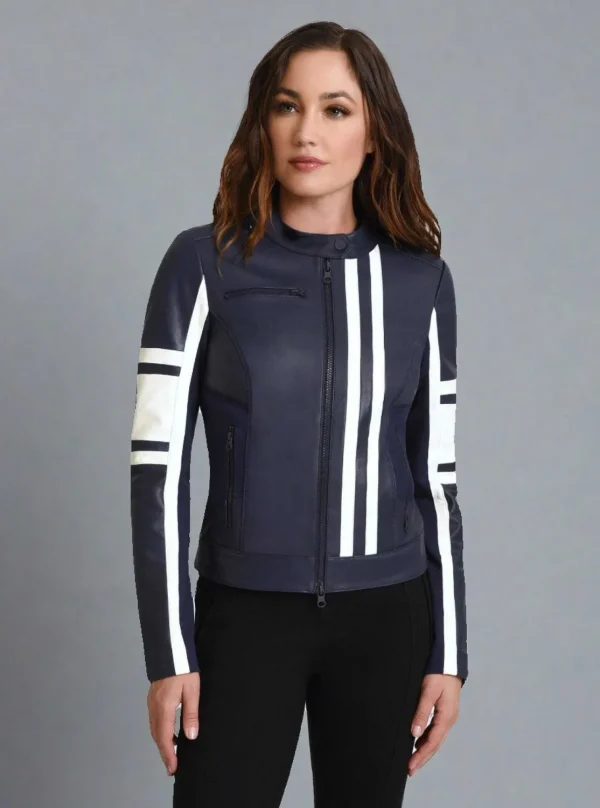 Women Blanc Noir Naval Blue*Claudine Leather Racer Jacket