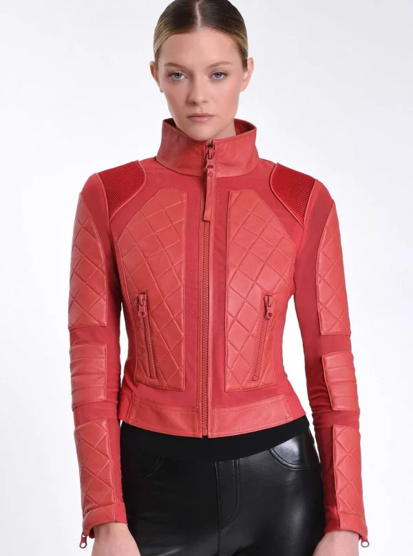 Women Blanc Noir Cranberry*Leather Moto Mesh Jacket