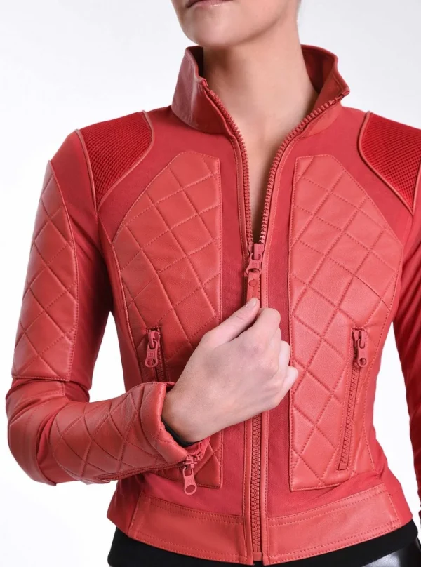 Women Blanc Noir Cranberry*Leather Moto Mesh Jacket