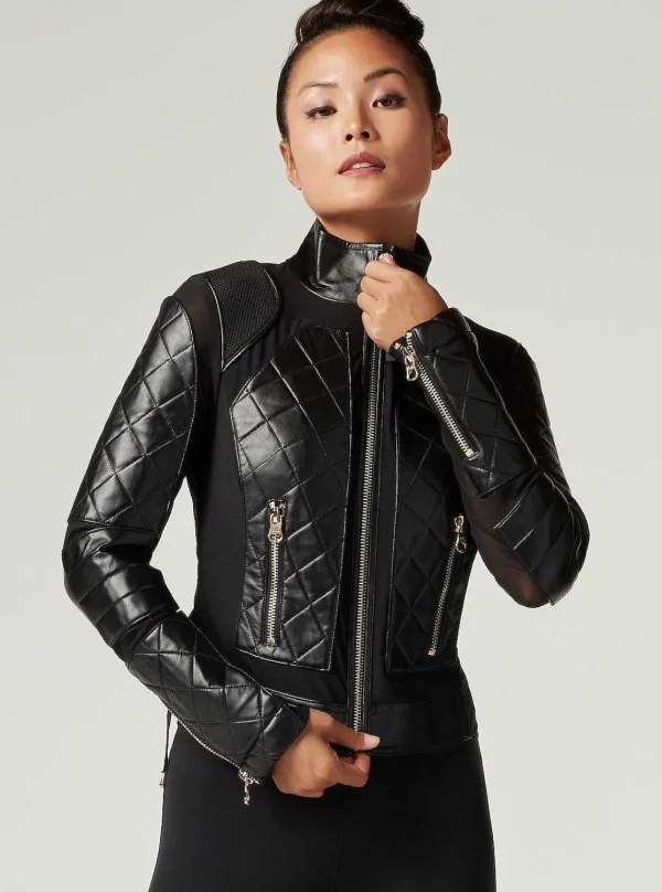 Women Blanc Noir Motos*Mesh Moto Jacket With Black Leather & Gold Trims - Gold Collection