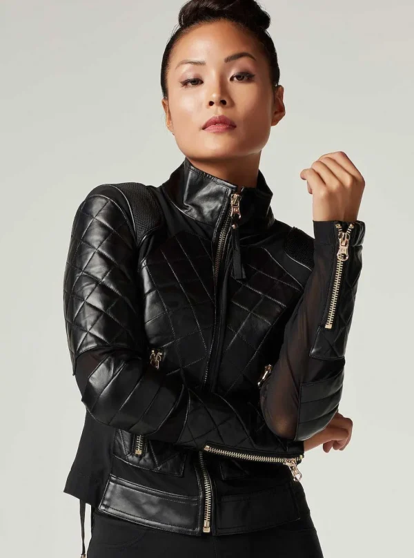 Women Blanc Noir Motos*Mesh Moto Jacket With Black Leather & Gold Trims - Gold Collection