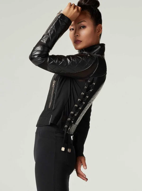 Women Blanc Noir Motos*Mesh Moto Jacket With Black Leather & Gold Trims - Gold Collection