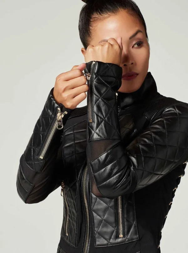 Women Blanc Noir Motos*Mesh Moto Jacket With Black Leather & Gold Trims - Gold Collection