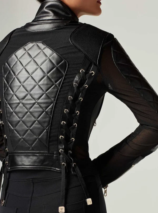 Women Blanc Noir Motos*Mesh Moto Jacket With Black Leather & Gold Trims - Gold Collection