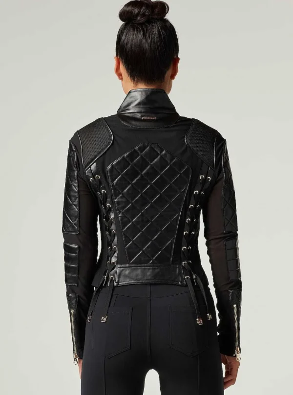 Women Blanc Noir Motos*Mesh Moto Jacket With Black Leather & Gold Trims - Gold Collection